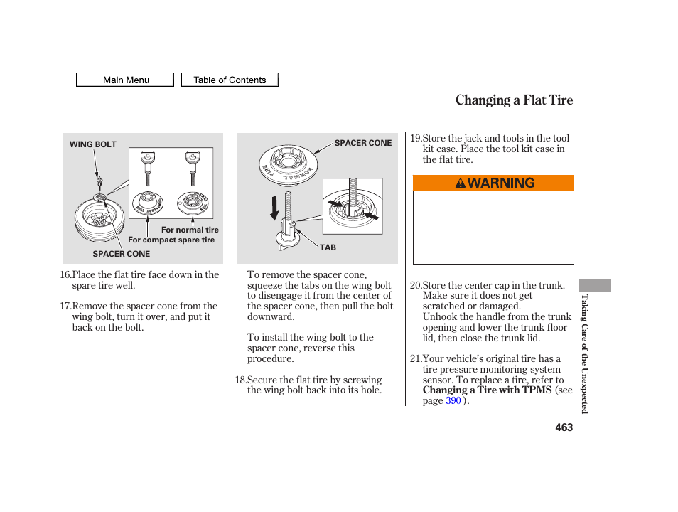 Changing a flat tire, 2010 tsx | Acura 2010 TSX User Manual | Page 466 / 524