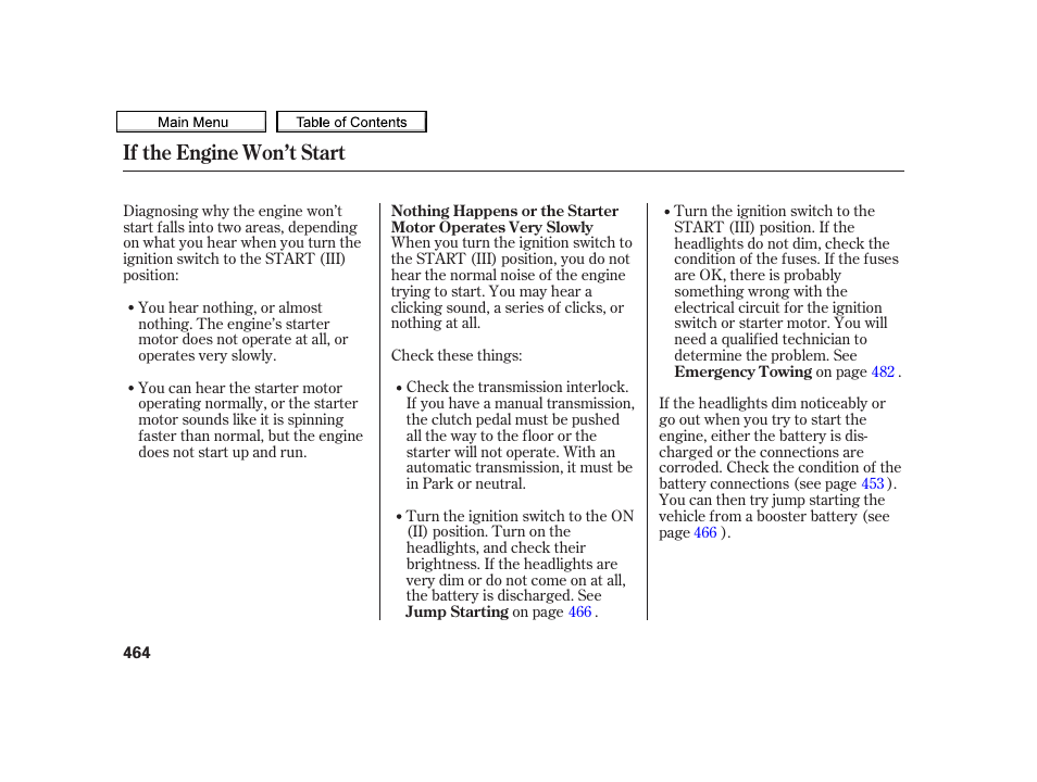 If the engine won’t start | Acura 2010 TSX User Manual | Page 467 / 524