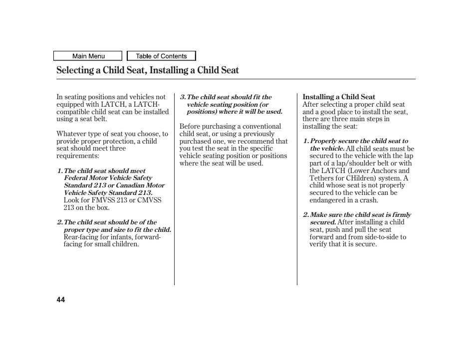 Selecting a child seat, installing a child seat | Acura 2010 TSX User Manual | Page 47 / 524