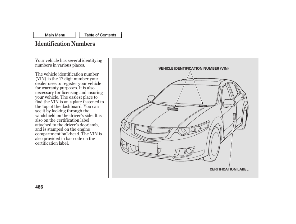 Identification numbers | Acura 2010 TSX User Manual | Page 489 / 524