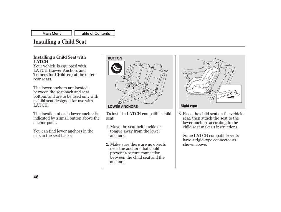 Installing a child seat | Acura 2010 TSX User Manual | Page 49 / 524