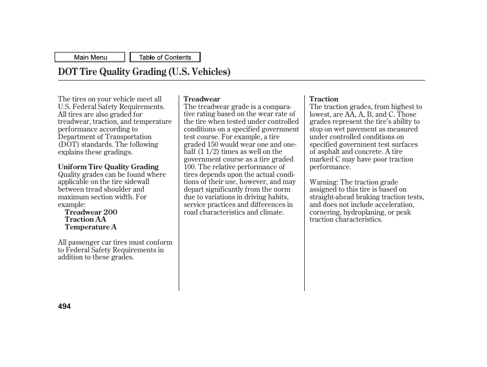 Dot tire quality grading (u.s. vehicles) | Acura 2010 TSX User Manual | Page 497 / 524