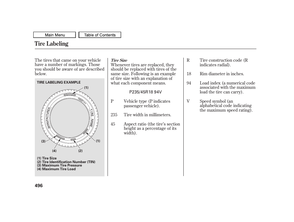 Tire labeling, 2010 tsx | Acura 2010 TSX User Manual | Page 499 / 524