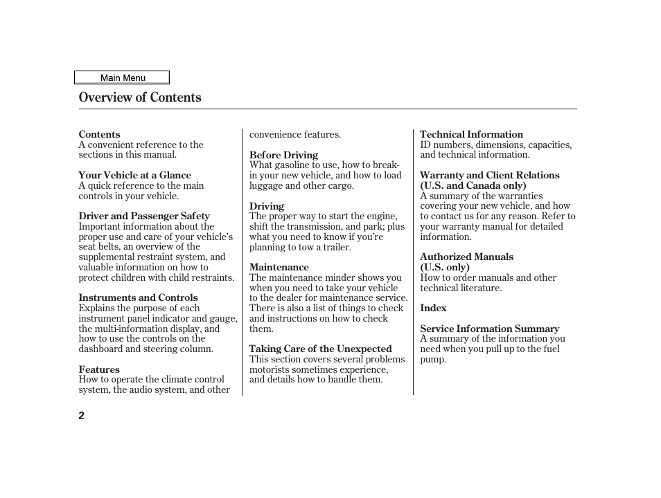 Overview of contents | Acura 2010 TSX User Manual | Page 5 / 524