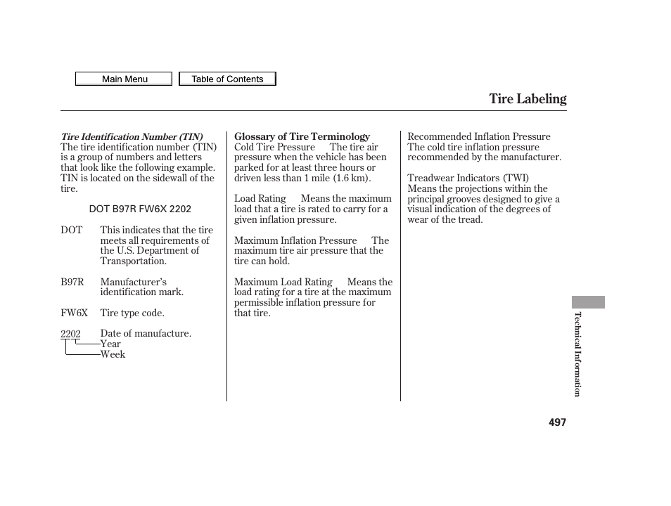 Tire labeling | Acura 2010 TSX User Manual | Page 500 / 524