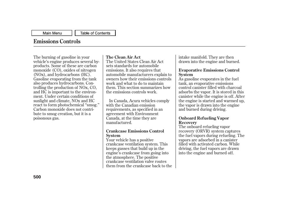 Emissions controls | Acura 2010 TSX User Manual | Page 503 / 524