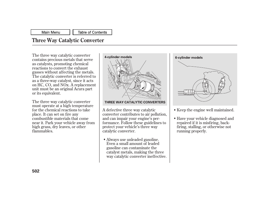 Three way catalytic converter | Acura 2010 TSX User Manual | Page 505 / 524