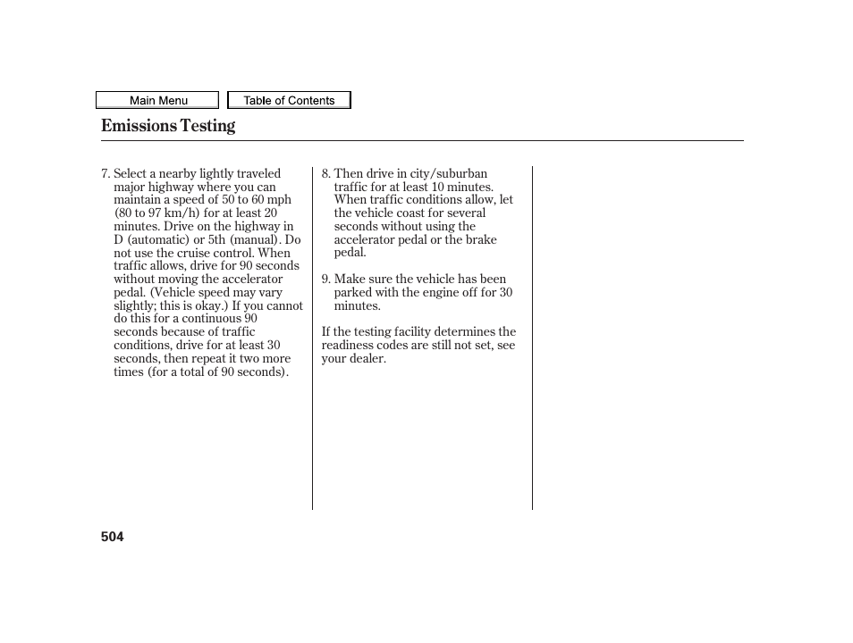 Emissions testing | Acura 2010 TSX User Manual | Page 507 / 524