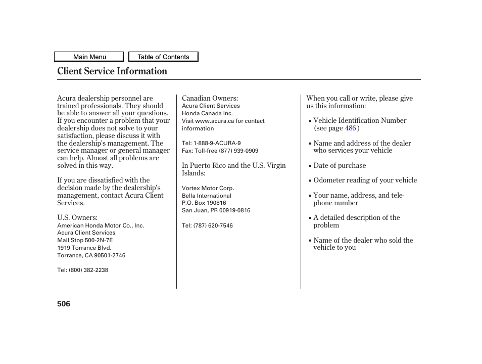 Client service information | Acura 2010 TSX User Manual | Page 509 / 524