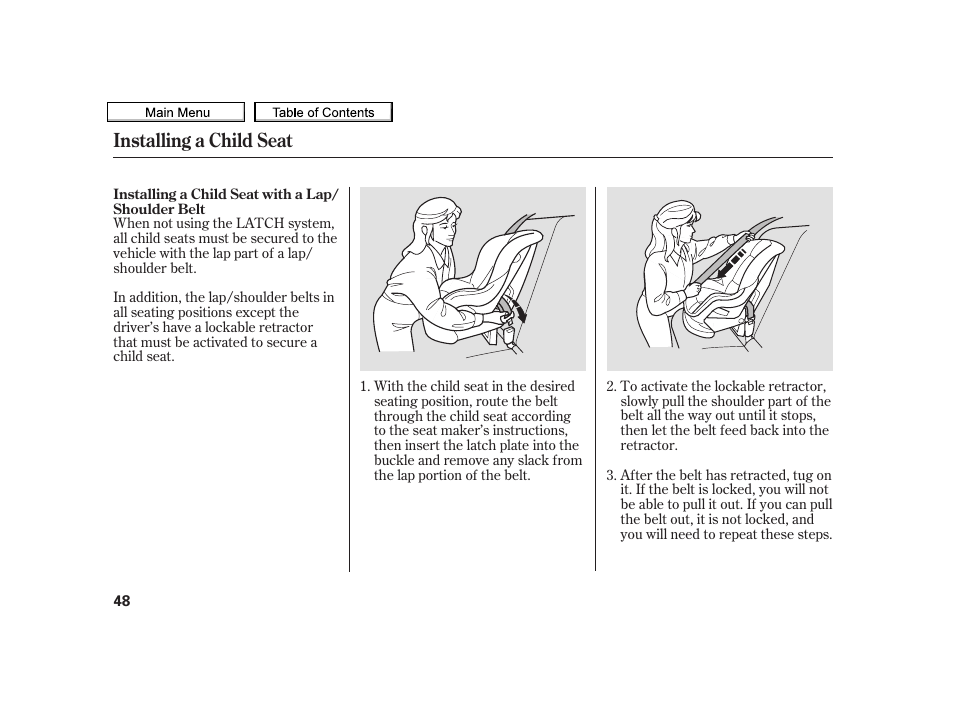 Installing a child seat | Acura 2010 TSX User Manual | Page 51 / 524