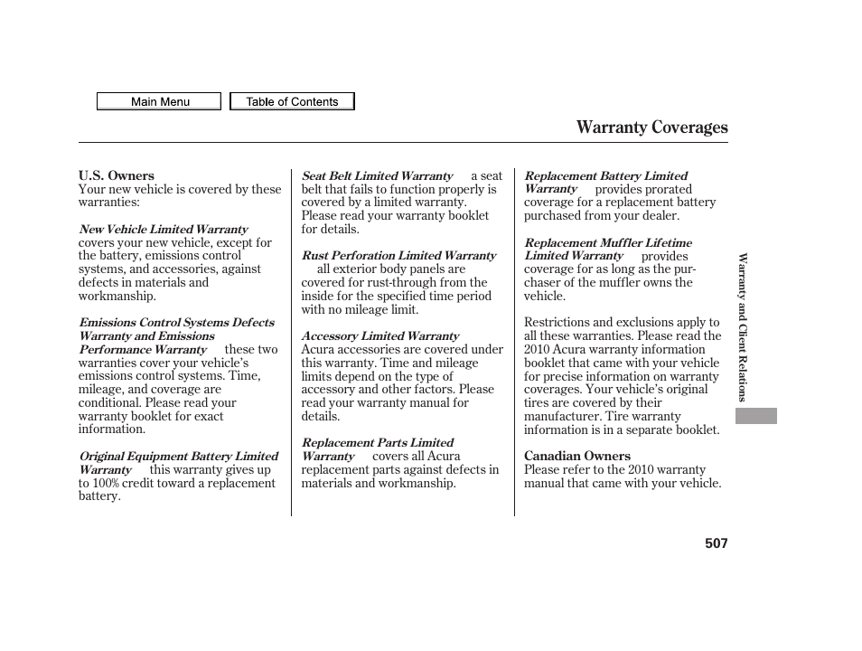 Warranty coverages, 2010 tsx | Acura 2010 TSX User Manual | Page 510 / 524