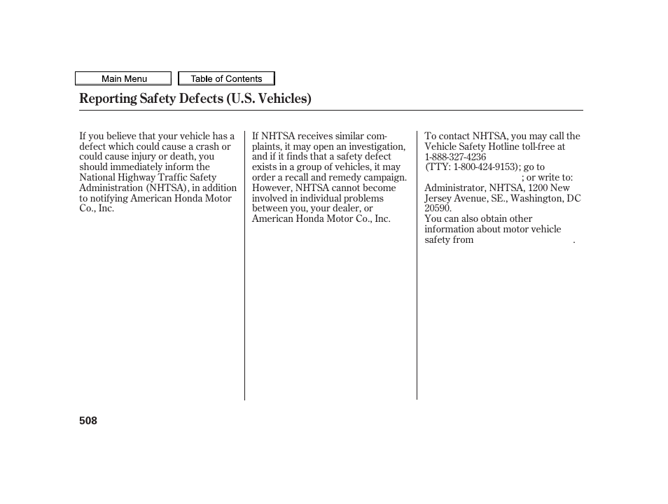 Reporting safety defects (u.s. vehicles) | Acura 2010 TSX User Manual | Page 511 / 524