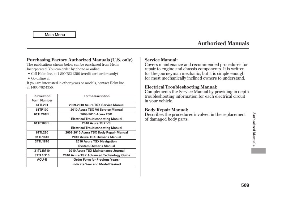 Authorized manuals, 2010 tsx | Acura 2010 TSX User Manual | Page 512 / 524