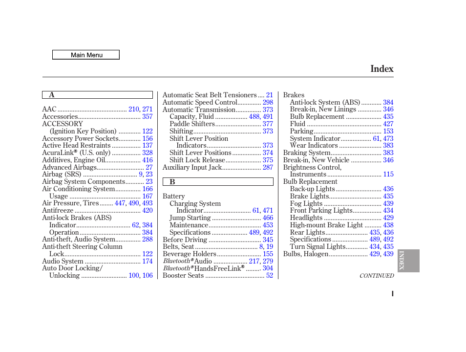 Index | Acura 2010 TSX User Manual | Page 513 / 524