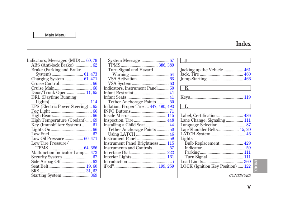 Index | Acura 2010 TSX User Manual | Page 517 / 524