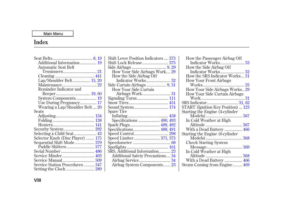 Index | Acura 2010 TSX User Manual | Page 520 / 524