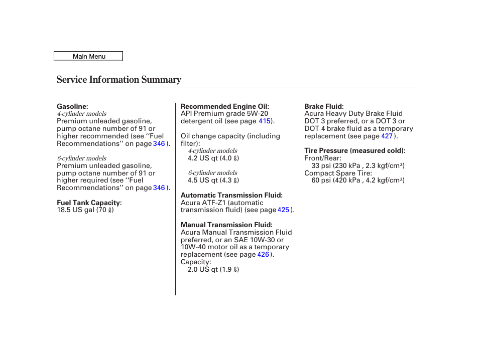 Service inf ormation summary, Service information summary | Acura 2010 TSX User Manual | Page 523 / 524