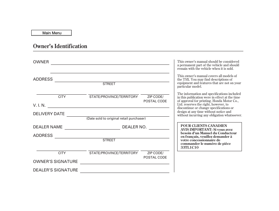 Owner's identification form, Owner’s identification, 2010 tsx | Acura 2010 TSX User Manual | Page 524 / 524