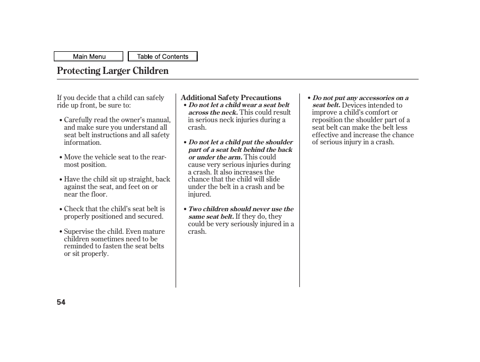 Protecting larger children | Acura 2010 TSX User Manual | Page 57 / 524