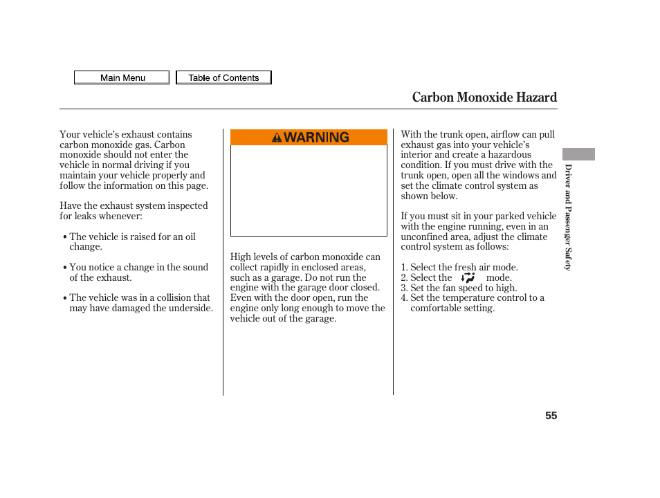 Carbon monoxide hazard, 2010 tsx | Acura 2010 TSX User Manual | Page 58 / 524
