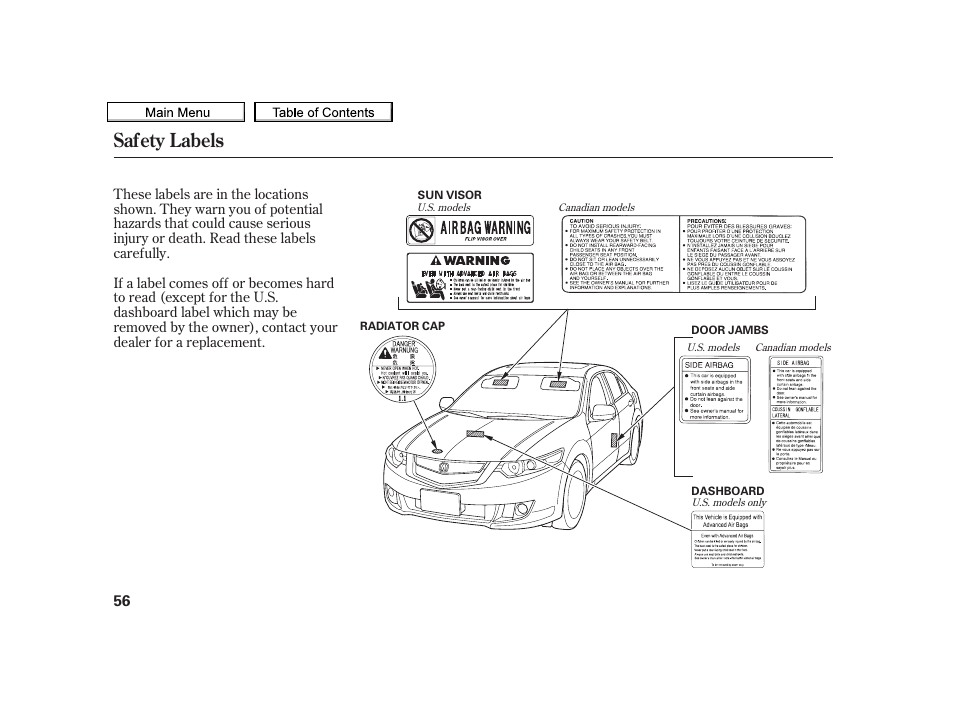 Safety labels, 2010 tsx | Acura 2010 TSX User Manual | Page 59 / 524