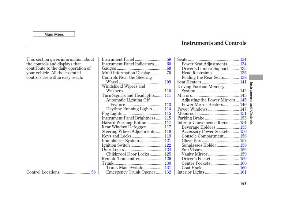 Instruments and controls | Acura 2010 TSX User Manual | Page 60 / 524