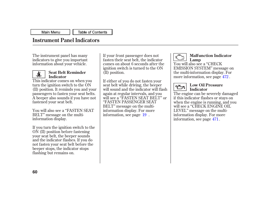 Instrument panel indicators | Acura 2010 TSX User Manual | Page 63 / 524