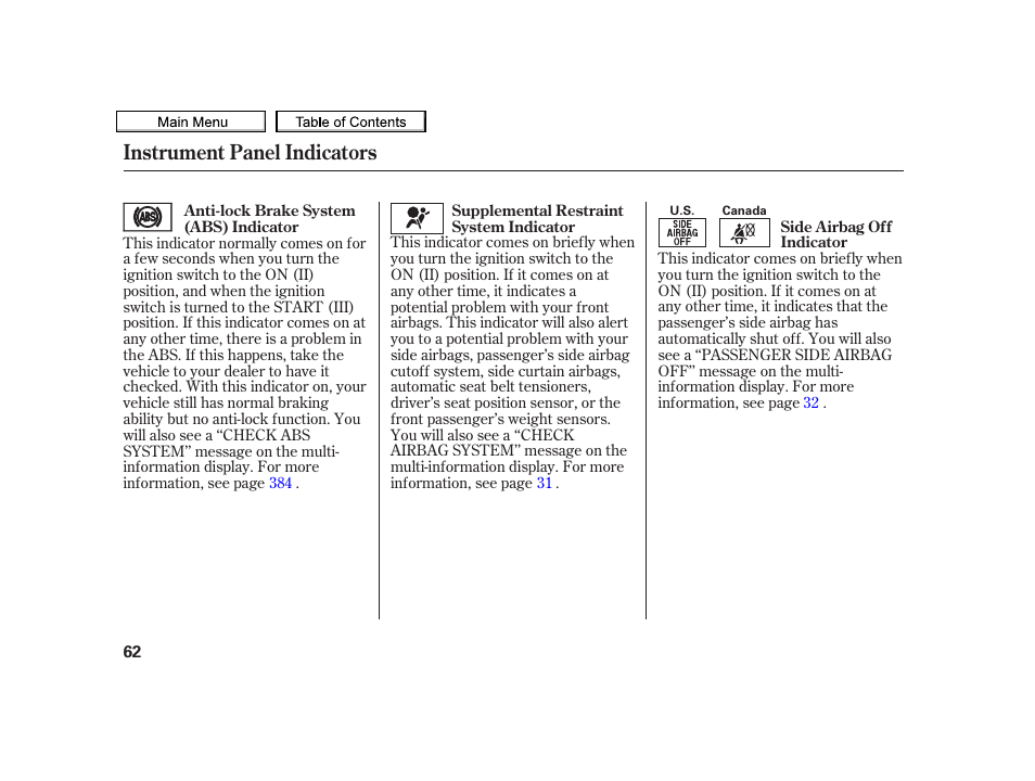 Instrument panel indicators | Acura 2010 TSX User Manual | Page 65 / 524