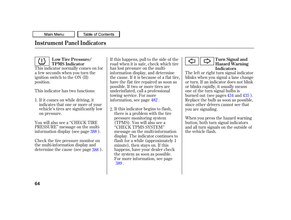 Instrument panel indicators | Acura 2010 TSX User Manual | Page 67 / 524
