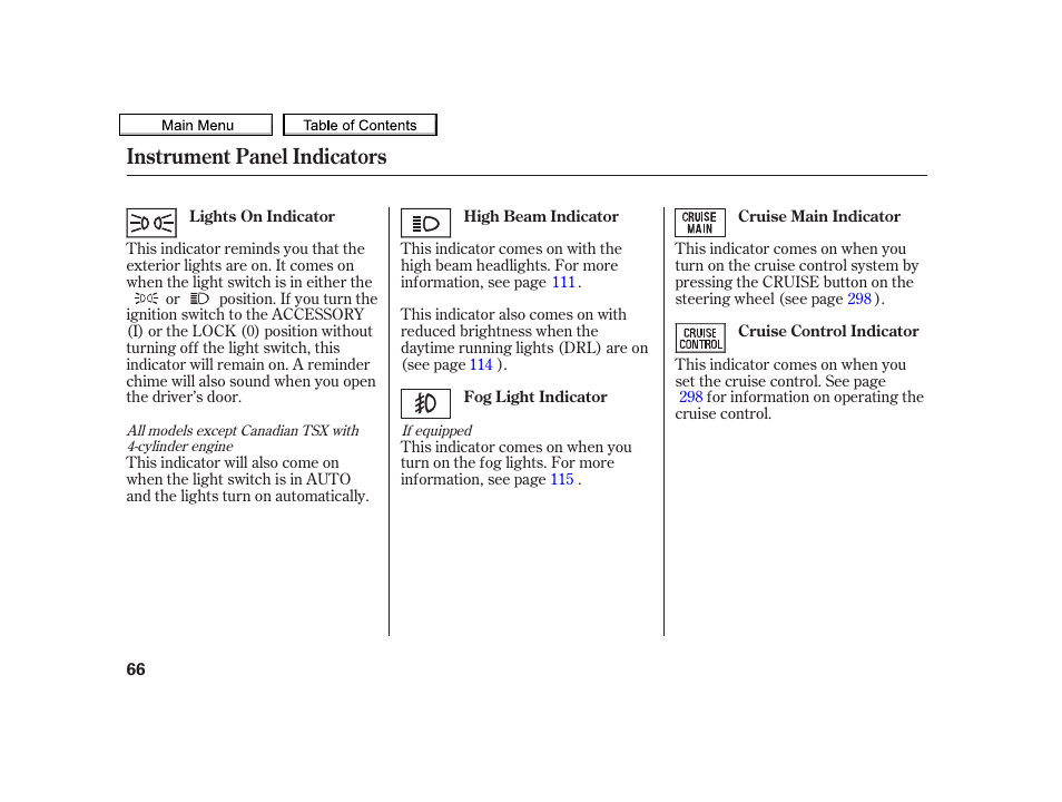 Instrument panel indicators | Acura 2010 TSX User Manual | Page 69 / 524