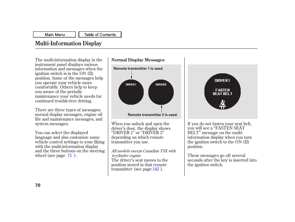 Multi-information display | Acura 2010 TSX User Manual | Page 73 / 524