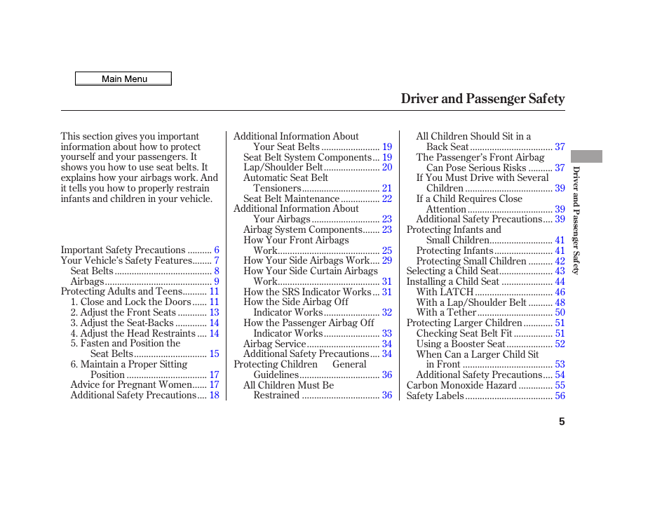 Driver and passenger safety | Acura 2010 TSX User Manual | Page 8 / 524