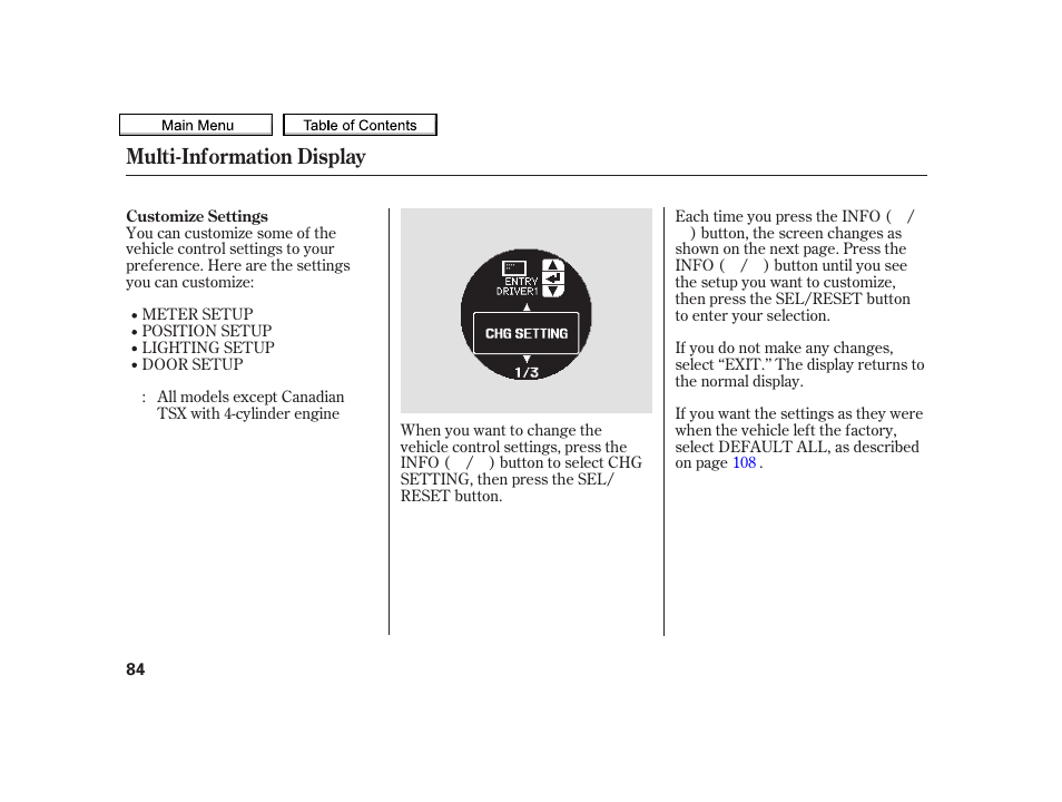 Multi-information display | Acura 2010 TSX User Manual | Page 87 / 524