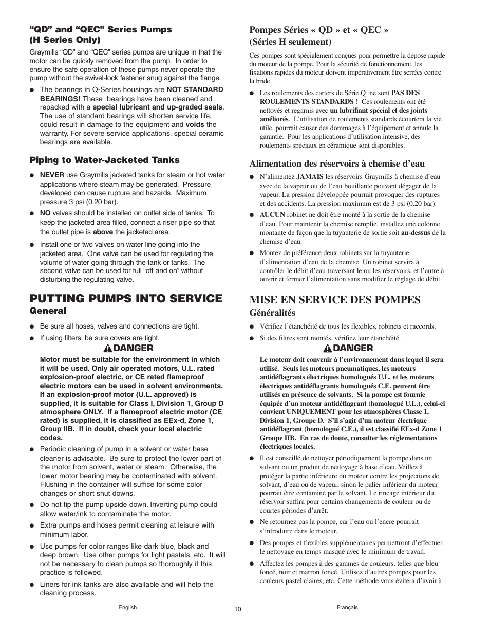 Putting pumps into service, Mise en service des pompes, Alimentation des réservoirs à chemise d’eau | Généralités, Qd” and “qec” series pumps (h series only), Piping to water-jacketed tanks, General, Danger | Graymills Agitor Pump OMI Indv User Manual | Page 10 / 32