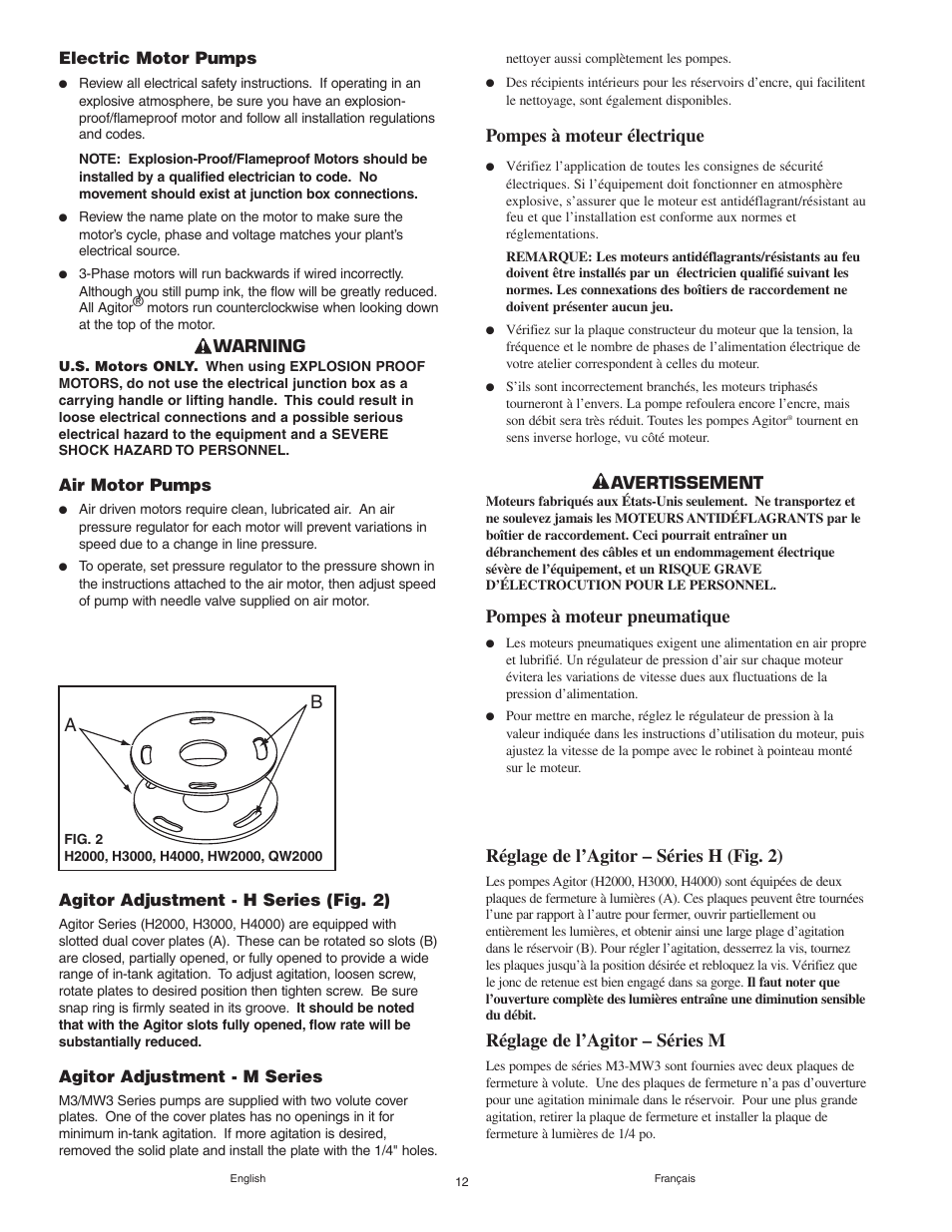 Pompes à moteur électrique, Pompes à moteur pneumatique, Réglage de l’agitor – séries h (fig. 2) | Réglage de l’agitor – séries m | Graymills Agitor Pump OMI Indv User Manual | Page 12 / 32