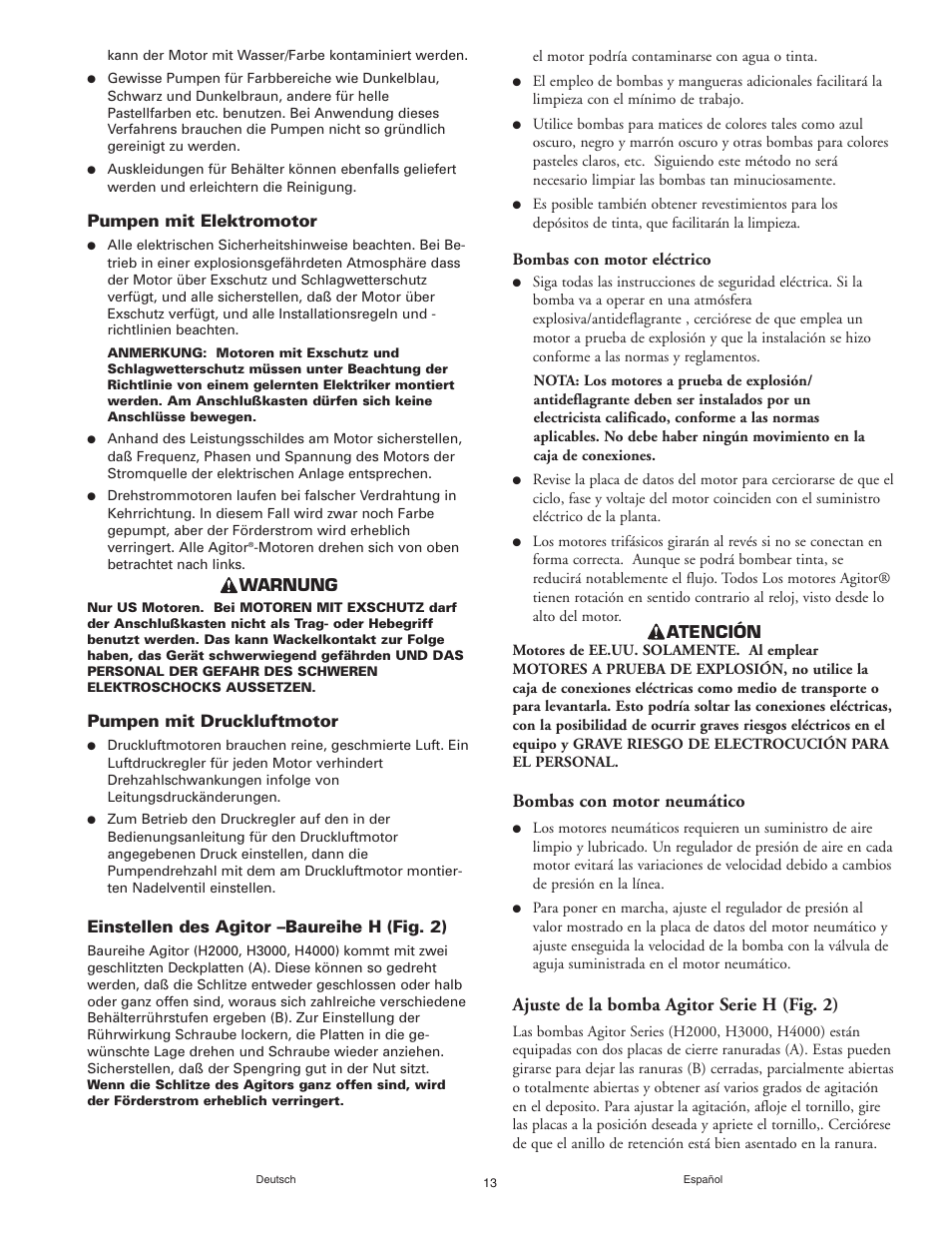 Bombas con motor neumático, Ajuste de la bomba agitor serie h (fig. 2), Pumpen mit elektromotor | Warnung, Pumpen mit druckluftmotor, Einstellen des agitor –baureihe h (fig. 2), Bombas con motor eléctrico, Atención | Graymills Agitor Pump OMI Indv User Manual | Page 13 / 32