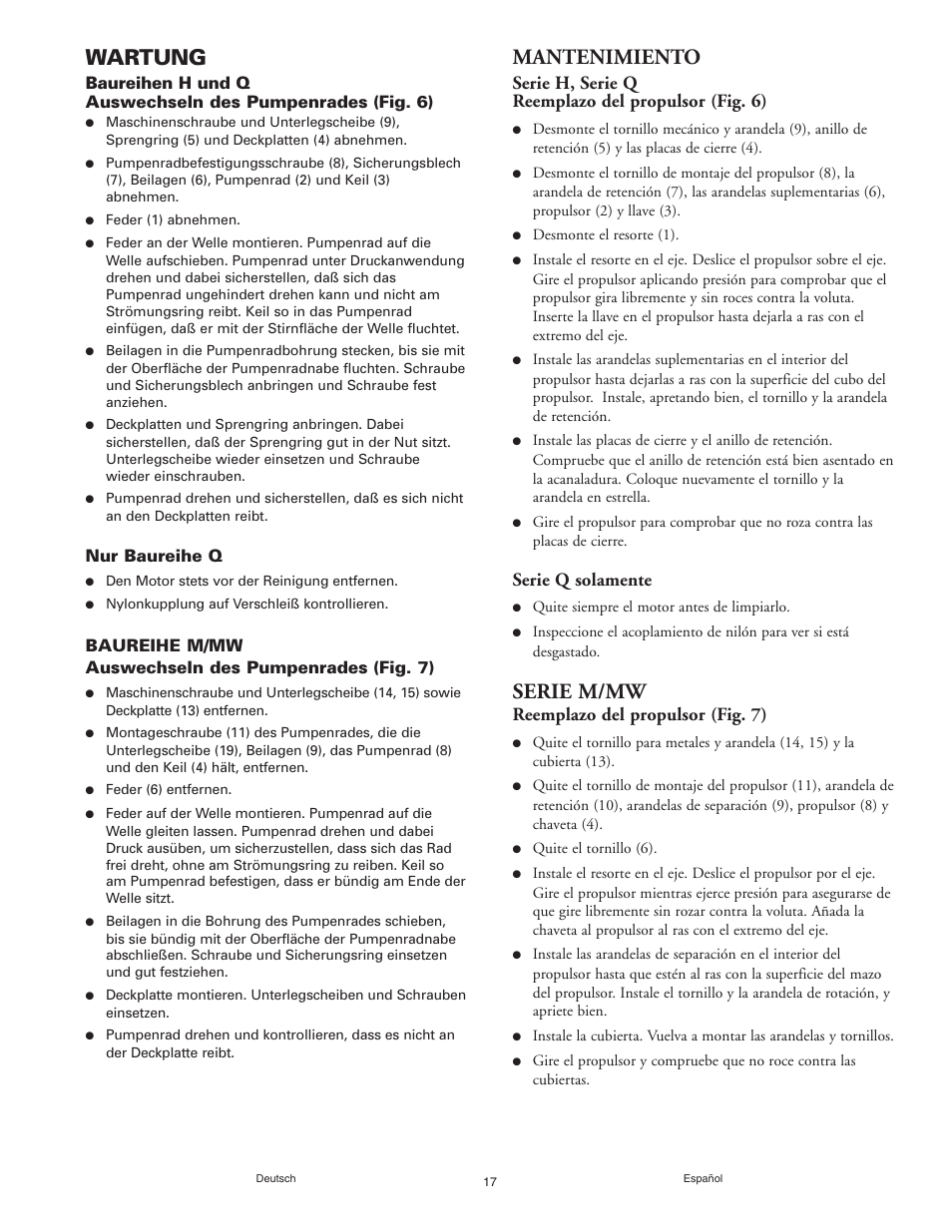 Wartung, Mantenimiento, Serie m/mw | Serie h, serie q reemplazo del propulsor (fig. 6), Serie q solamente, Reemplazo del propulsor (fig. 7), Nur baureihe q, Baureihe m/mw auswechseln des pumpenrades (fig. 7) | Graymills Agitor Pump OMI Indv User Manual | Page 17 / 32