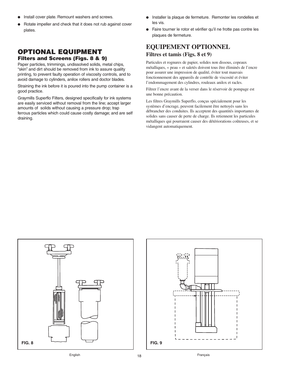 Optional equipment, Equipement optionnel, Filtres et tamis (figs. 8 et 9) | Graymills Agitor Pump OMI Indv User Manual | Page 18 / 32