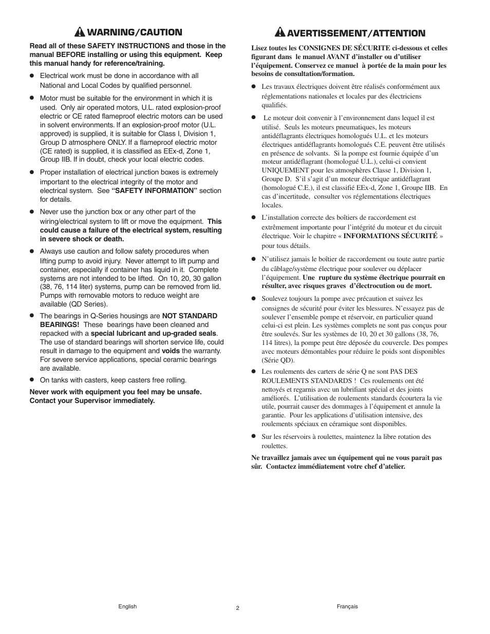 Avertissement/attention, Warning/caution | Graymills Agitor Pump OMI Indv User Manual | Page 2 / 32