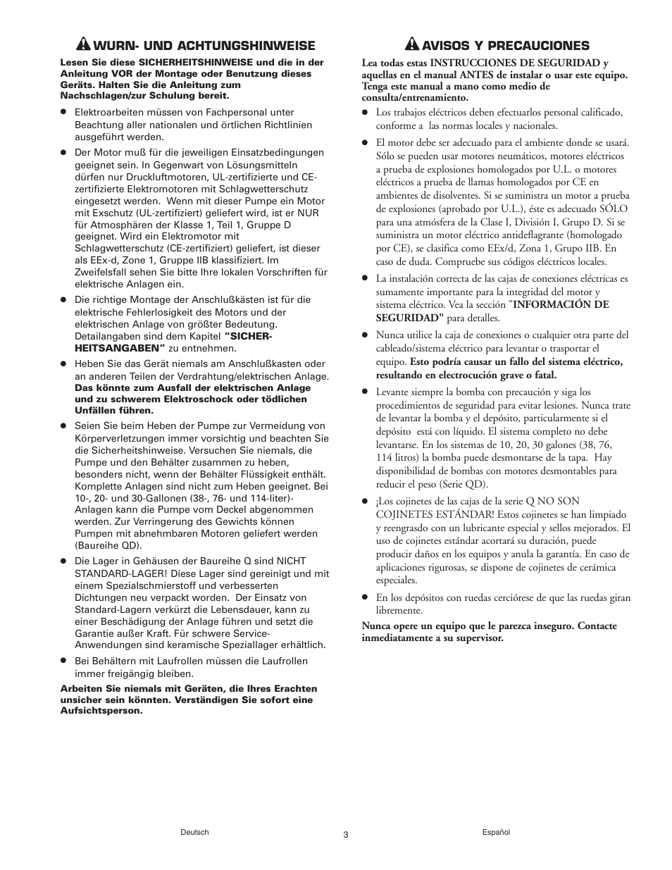 Wurn- und achtungshinweise, Avisos y precauciones | Graymills Agitor Pump OMI Indv User Manual | Page 3 / 32