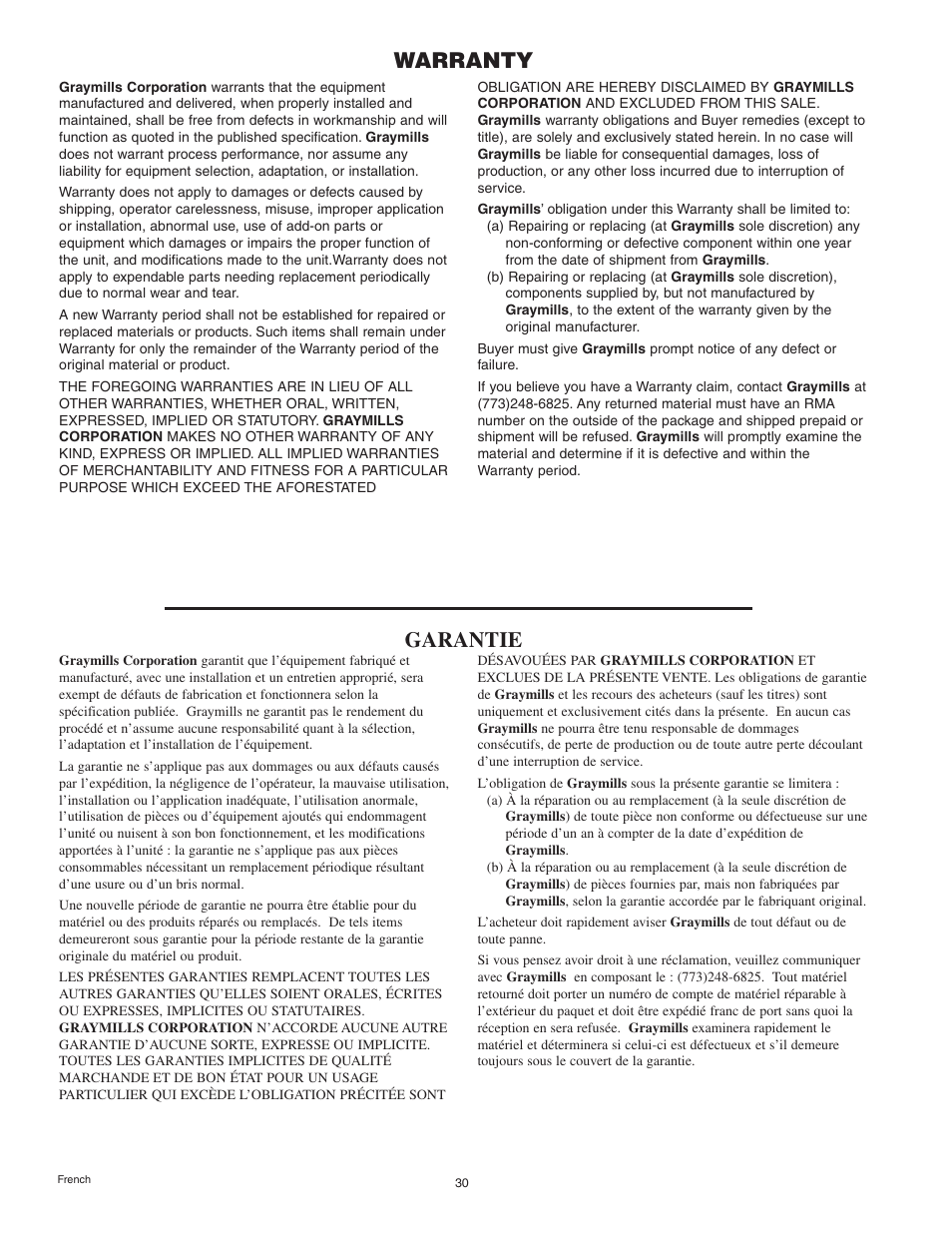 Warranty garantie | Graymills Agitor Pump OMI Indv User Manual | Page 30 / 32