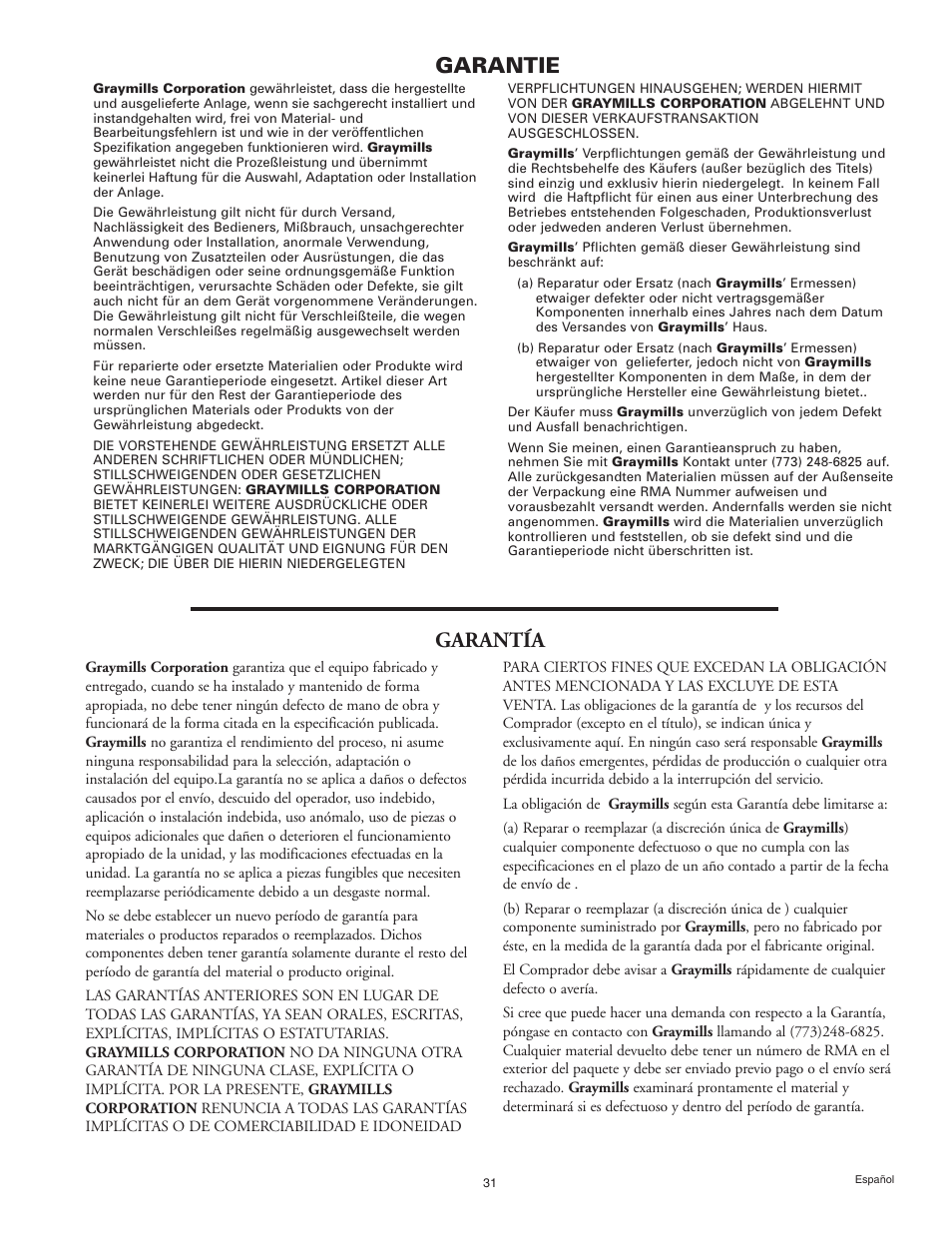 Garantie, Garantía | Graymills Agitor Pump OMI Indv User Manual | Page 31 / 32