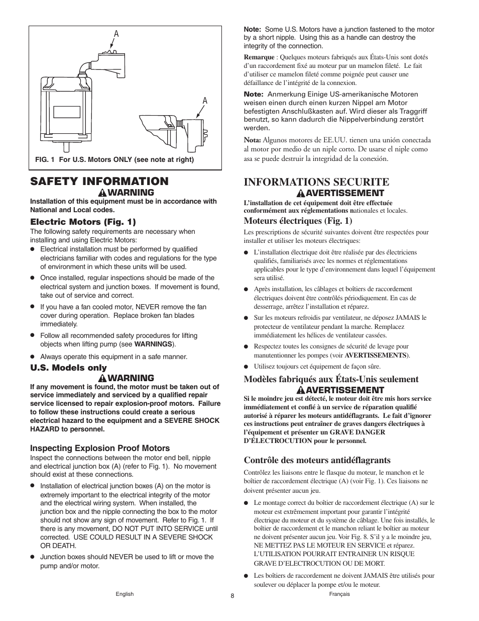 Safety information, Informations securite, Moteurs électriques (fig. 1) | Modèles fabriqués aux états-unis seulement, Contrôle des moteurs antidéflagrants | Graymills Agitor Pump OMI Indv User Manual | Page 8 / 32