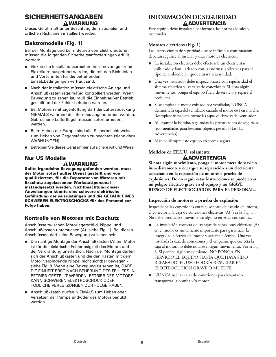 Sicherheitsangaben, Información de seguridad | Graymills Agitor Pump OMI Indv User Manual | Page 9 / 32