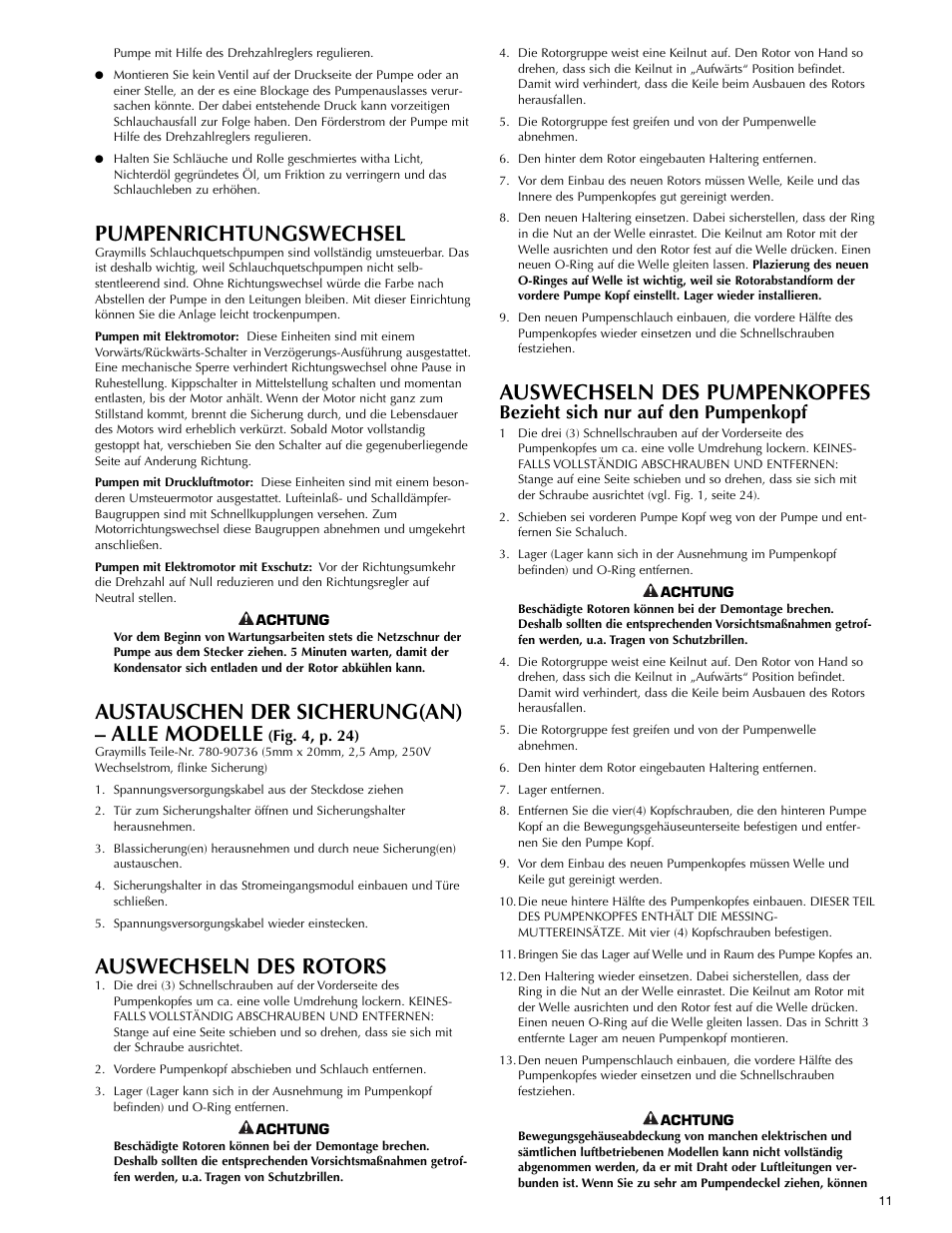 Pumpenrichtungswechsel, Austauschen der sicherung(an) – alle modelle, Auswechseln des rotors | Auswechseln des pumpenkopfes, Bezieht sich nur auf den pumpenkopf | Graymills Peristaltic OMI User Manual | Page 11 / 22