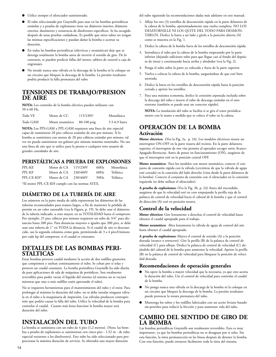 Tensiones de trabajo/presion de aire, Detalles de las bombas peri- stalticas, Instalación del tubo | Operación de la bomba, Cambio del sentido de giro de la bomba, Peristálticas a prueba de explosiones, Diámetro de la tubería de aire, Activación, Control de la velocidad, Recomendaciones de operación generales | Graymills Peristaltic OMI User Manual | Page 14 / 22
