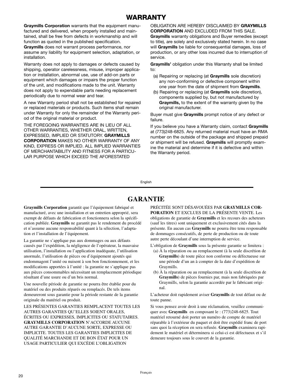 Warranty, Garantie | Graymills Peristaltic OMI User Manual | Page 20 / 22