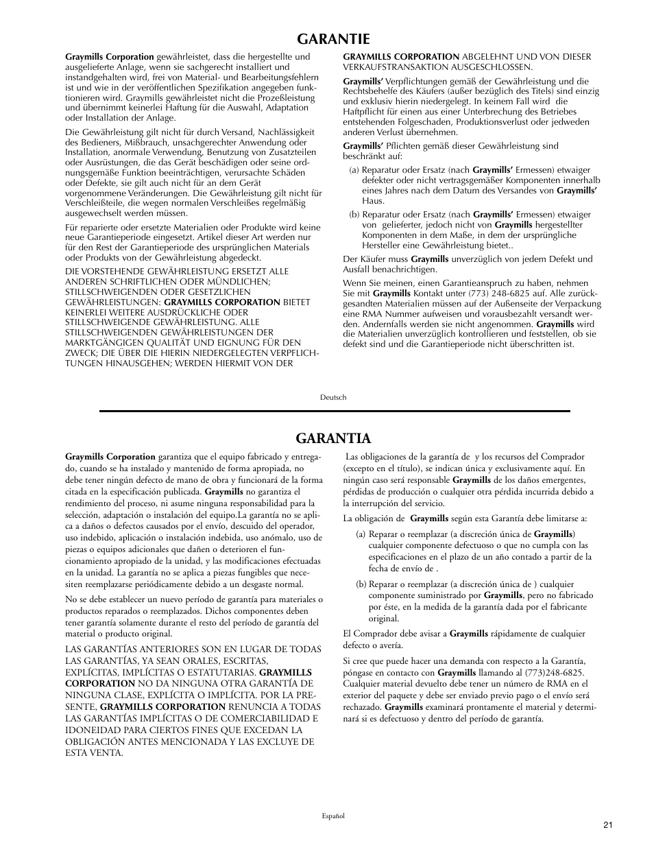 Garantie, Garantia | Graymills Peristaltic OMI User Manual | Page 21 / 22