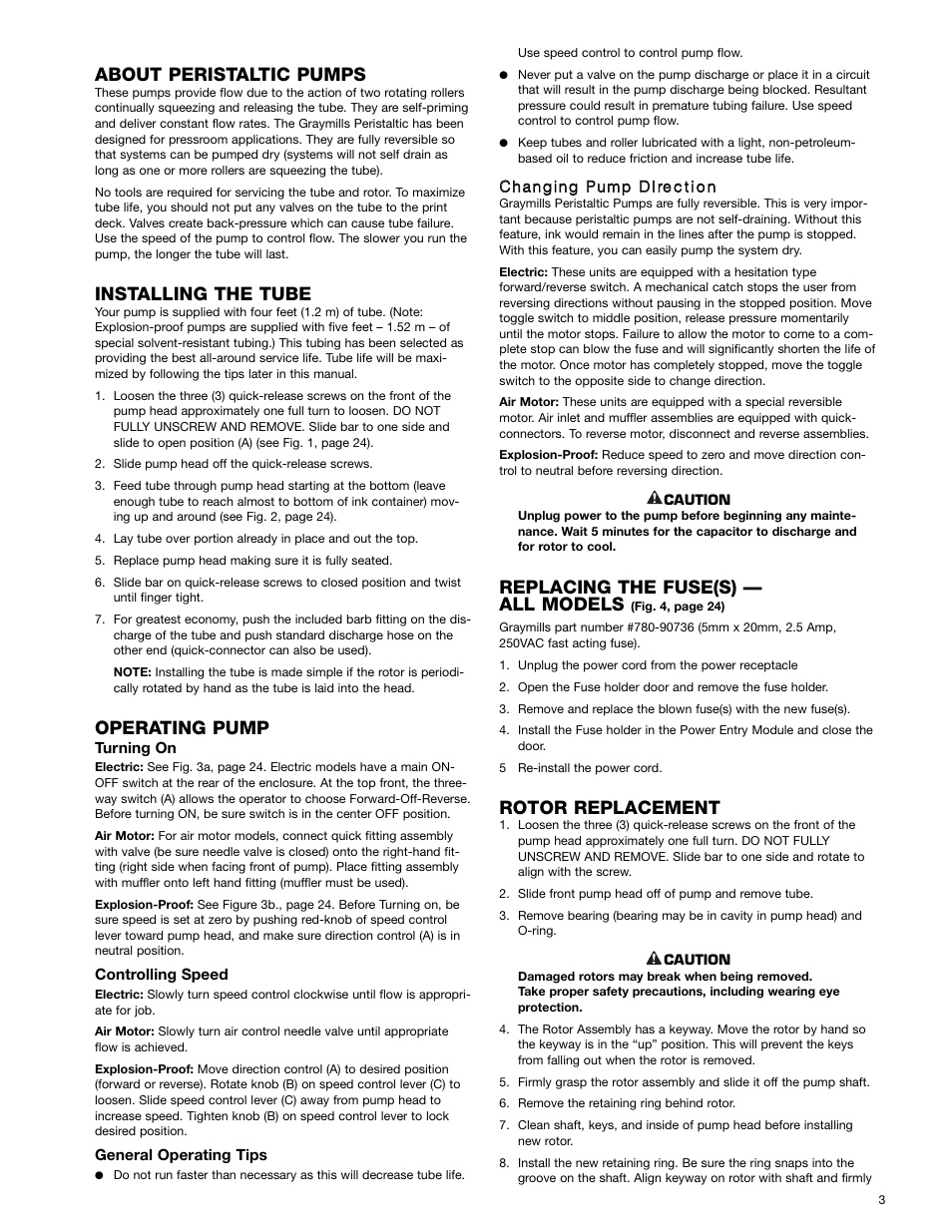 About peristaltic pumps, Installing the tube, Operating pump | Replacing the fuse(s) — all models, Rotor replacement | Graymills Peristaltic OMI User Manual | Page 3 / 22