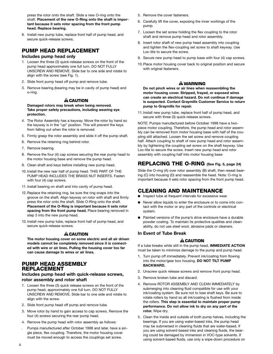 Pump head replacement, Pump head assembly replacement, Replacing the o-ring | Cleaning and maintenance | Graymills Peristaltic OMI User Manual | Page 4 / 22